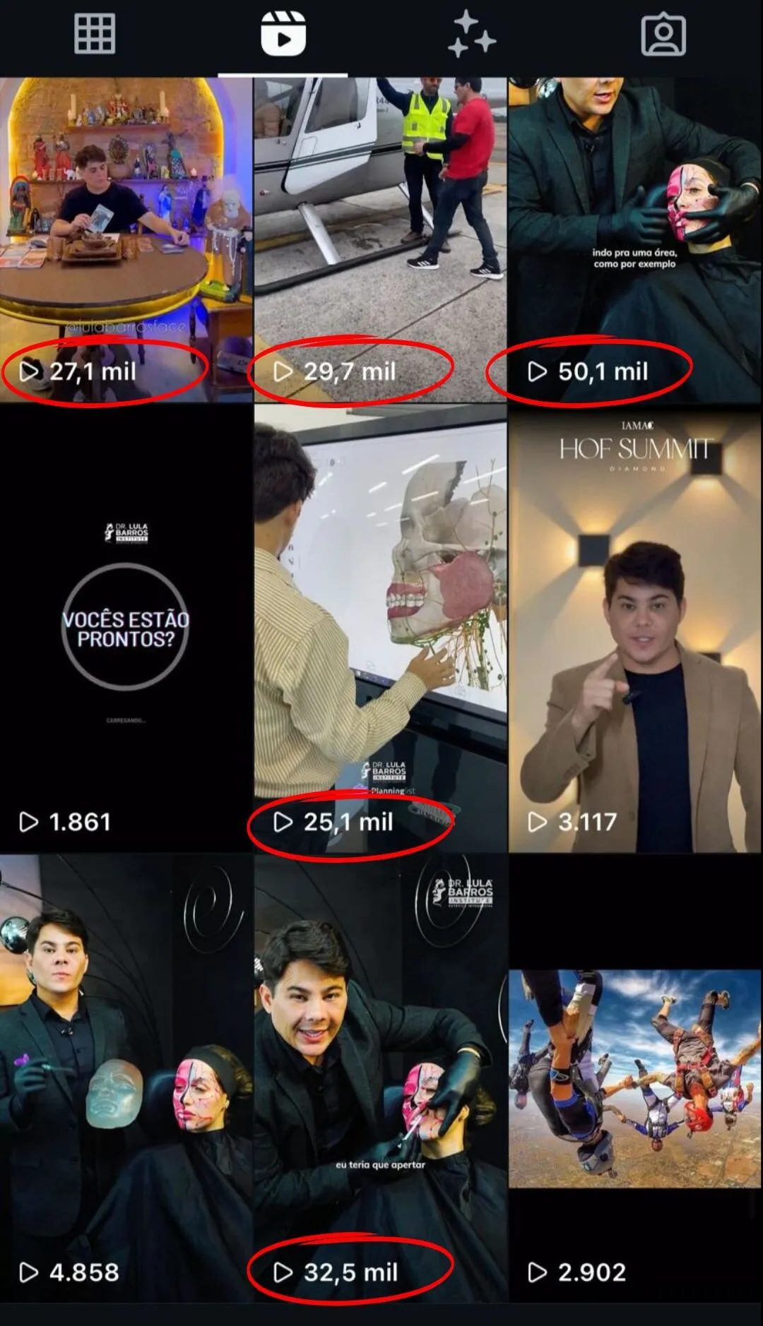 A grade de Reels do perfil: 50,1 mil, 32,5 mil, 29,7 mil, 27,1 mil